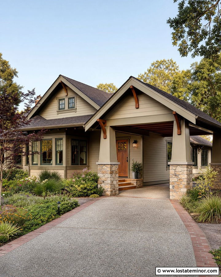 Beige Craftsman House With Gable Carport - 30 Beige House Design With Carport Ideas