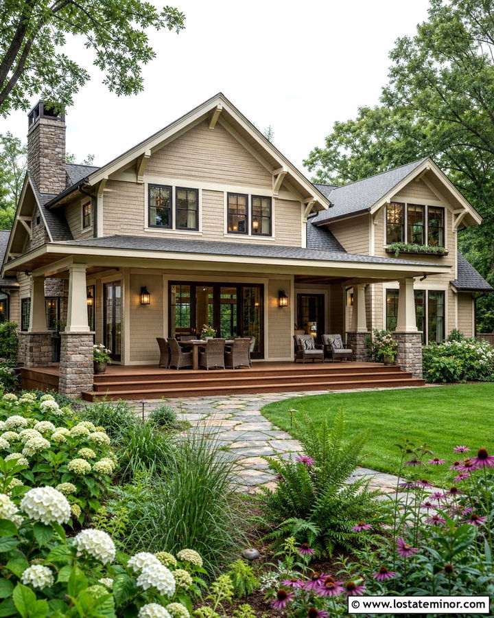 Beige Craftsman House With Garden - 30 Beige House Design With Backyard Ideas