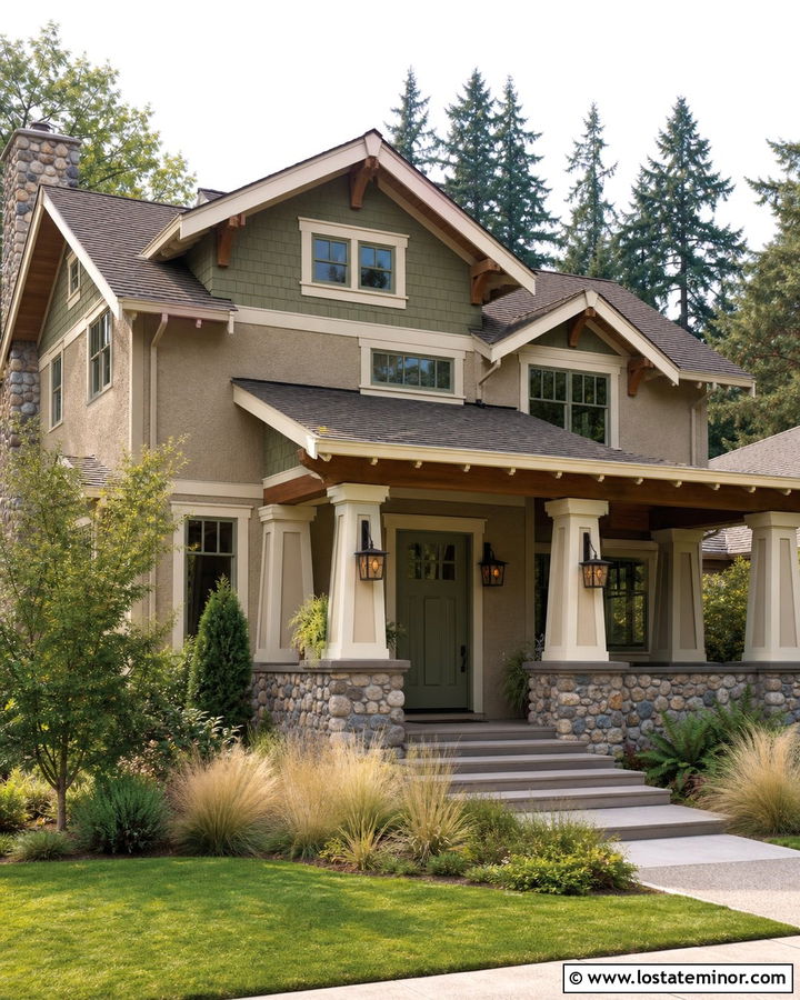 Beige Craftsman House With Green Accents - 30 Beige House Design With Accents Ideas