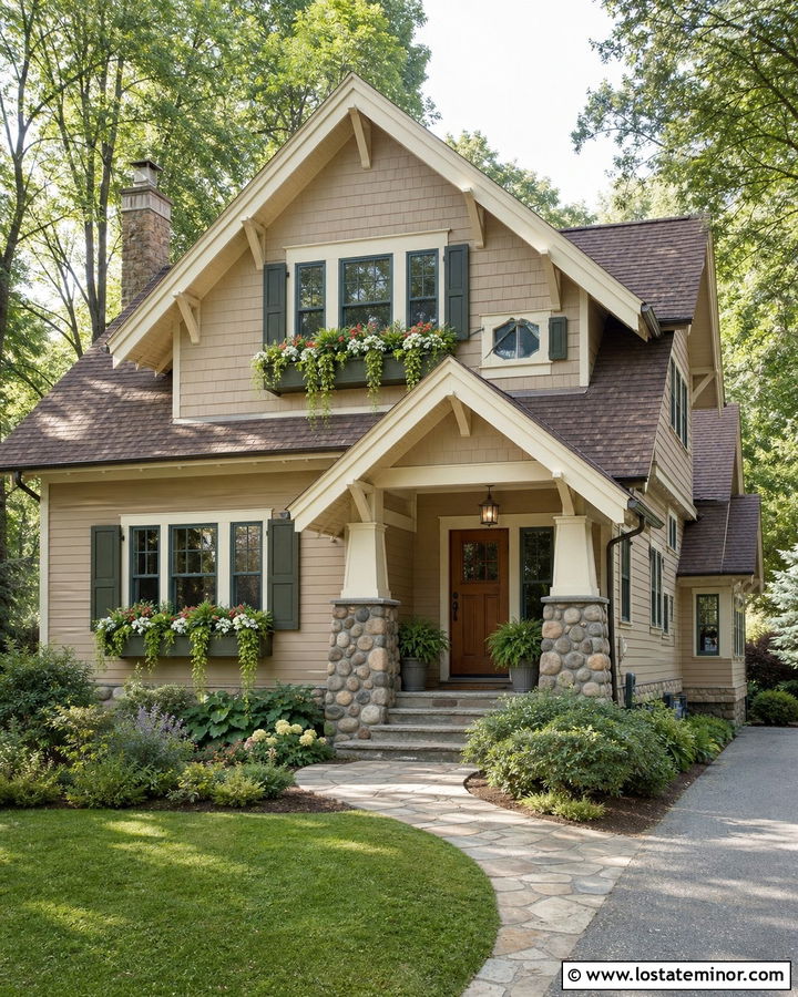 Beige Craftsman House With Green Window Boxes - 30 Beige House Design With Window Boxes Ideas