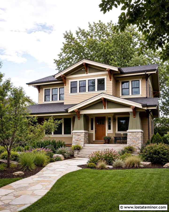 Beige Craftsman House With Native Garden - 30 Beige House Design With Front Yard Ideas