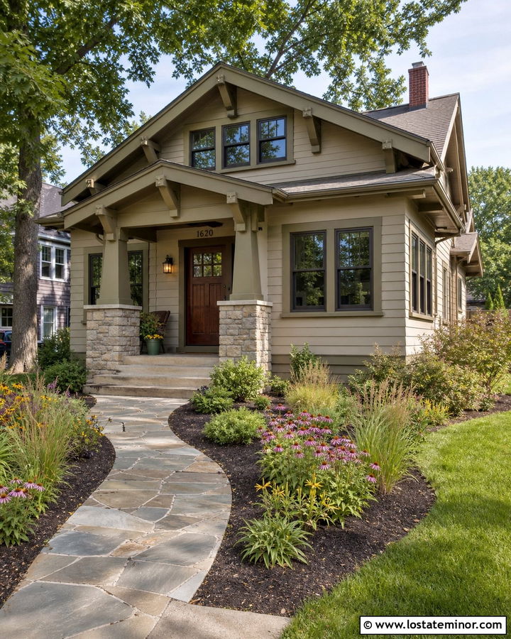 Beige Craftsman House With Native Plants - 30 Beige House Design With Landscaping Ideas
