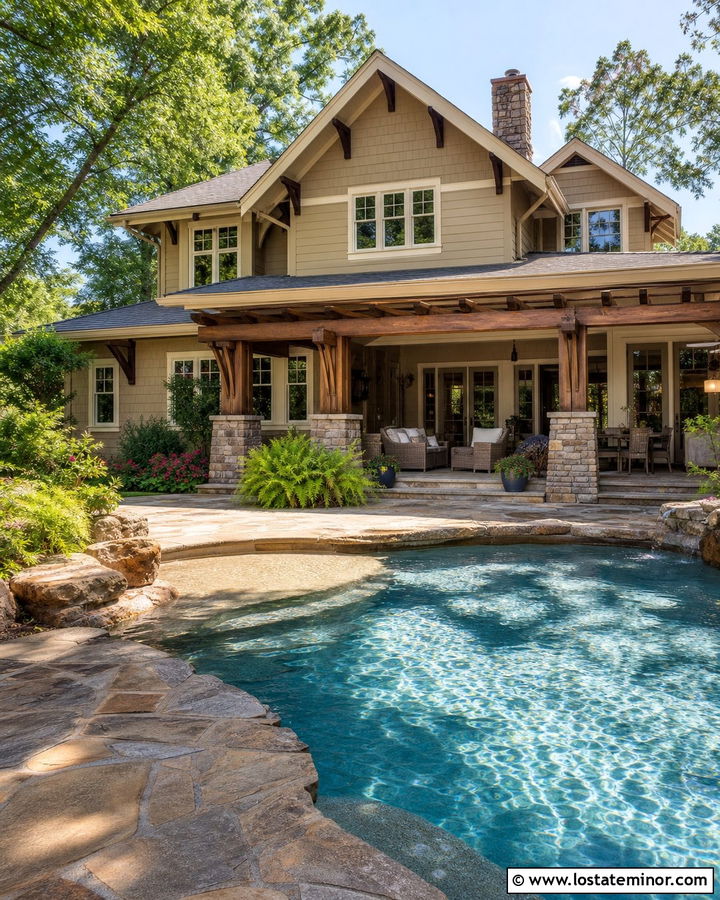 Beige Craftsman House With Natural Pool - 30 Beige House Design With Swimming Pool Ideas