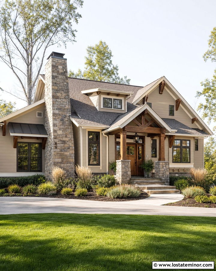 Beige Craftsman House With Stone Chimney - 30 Beige House Design With Chimney Ideas