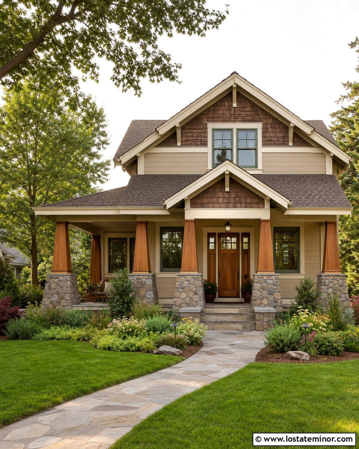 Beige Craftsman House With Stone Porch Columns - 30 Beige House Design With Front Porch Ideas