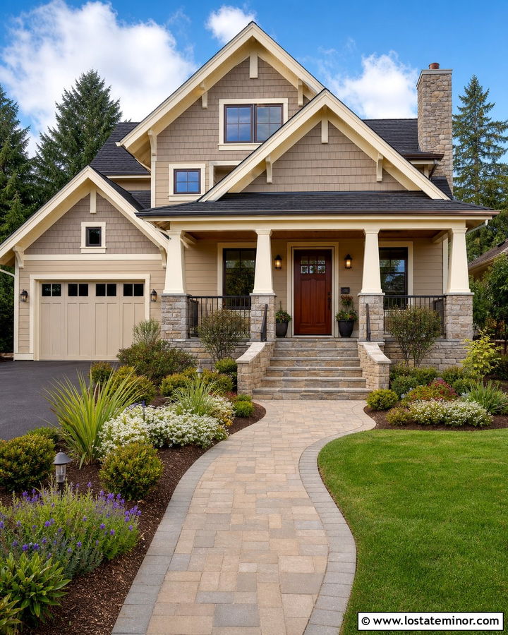 Beige Craftsman House With Stone Steps - 30 Beige House Design With Steps Ideas