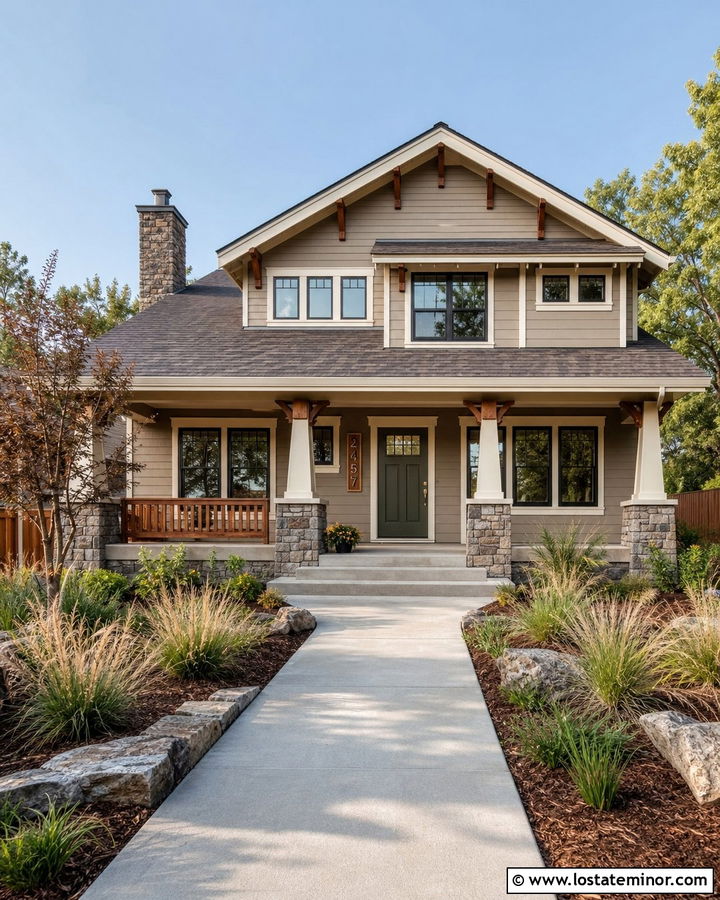 Beige Craftsman House With Wood Number Plaque - 30 Beige House Design With House Numbers Ideas