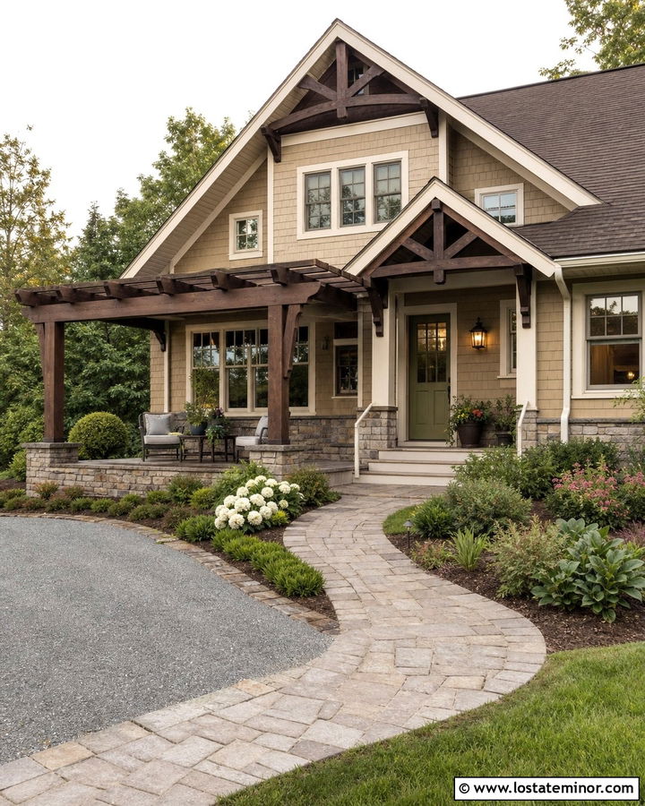 Beige Craftsman House With Wood Pergola - 30 Beige House Design With Pergola Ideas