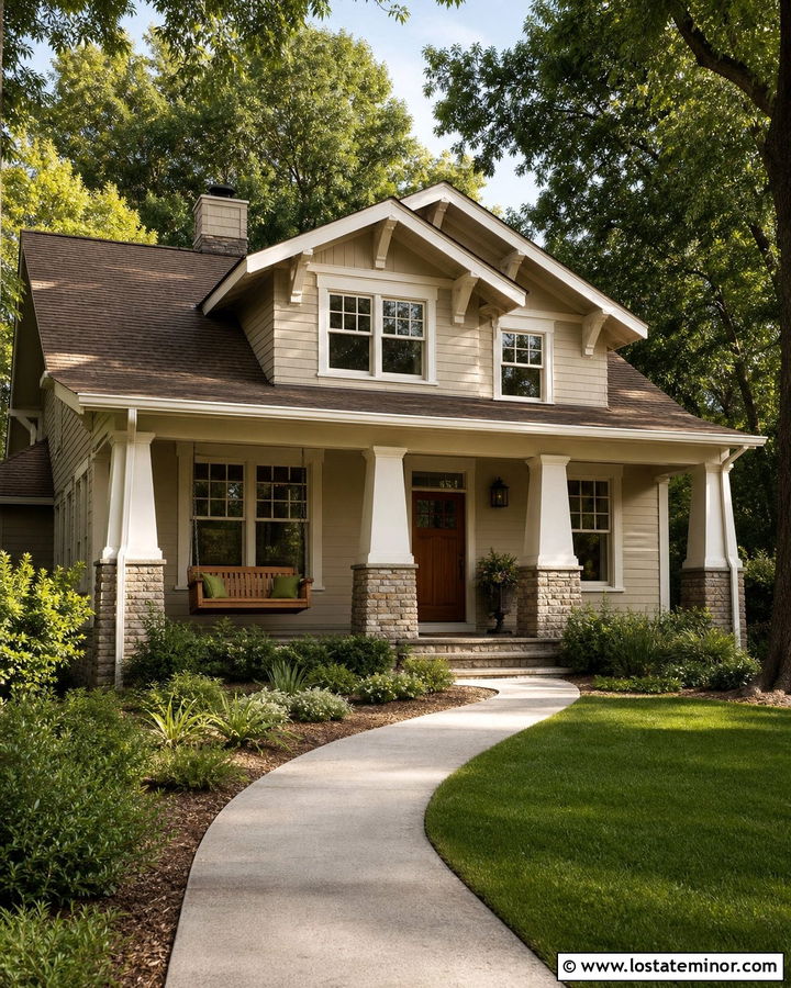 Beige Craftsman With Cedar Porch Swing - 30 Beige House Design With Swing Ideas