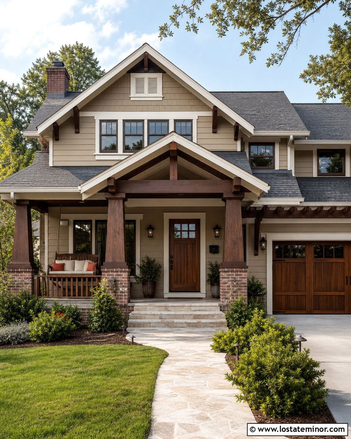 Beige Craftsman With Mission Swing - 30 Beige House Design With Swing Ideas