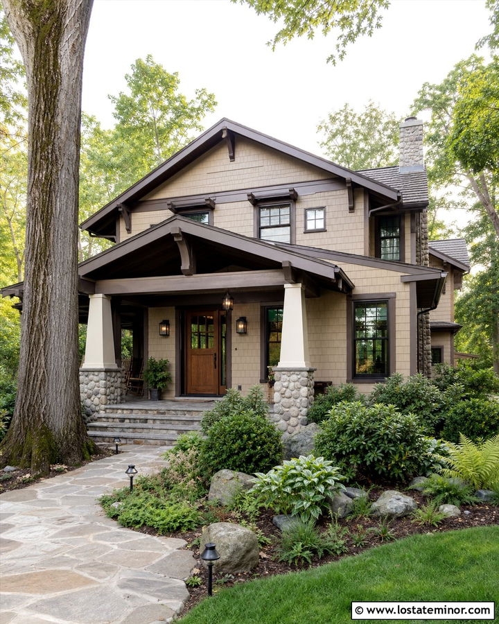 Beige Craftsman With Stone Column Portico - 30 Beige House Design With Portico Ideas