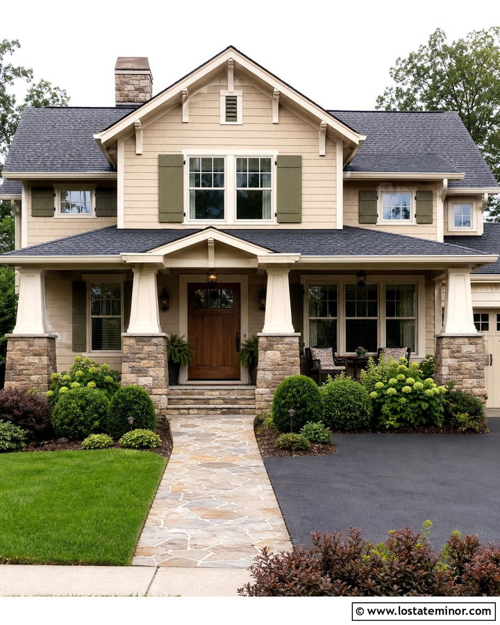 Beige Craftsman With Tapered Stone Columns - 30 Beige House Design With Porch Columns Ideas