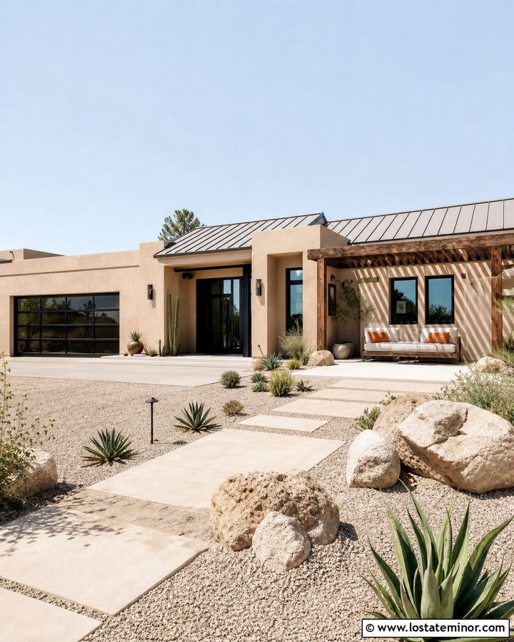 Beige Desert House With Shaded Patio Daybed - 30 Beige House Design With Daybed Ideas
