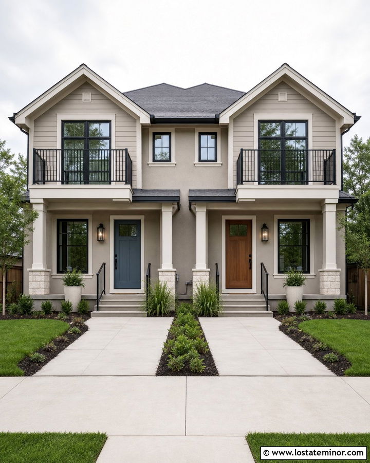 Beige Duplex With Matching Balcony Railings - 30 Beige House Design With Railings Ideas