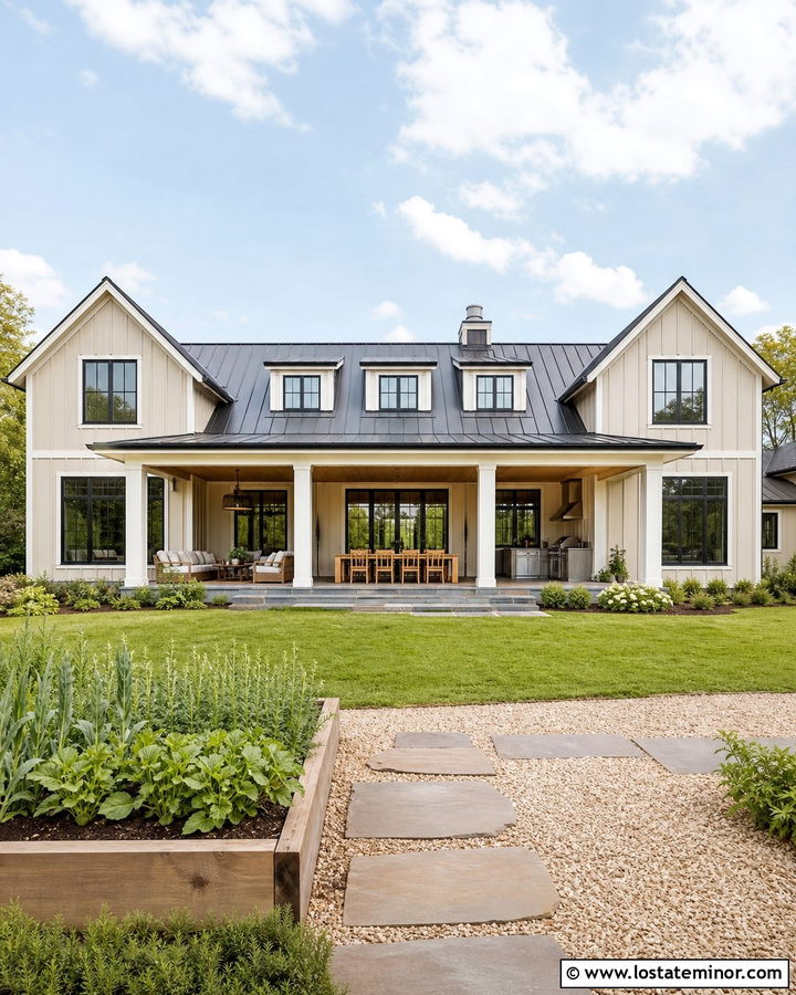 Beige Farmhouse With Backyard Porch - 30 Beige House Design With Backyard Ideas
