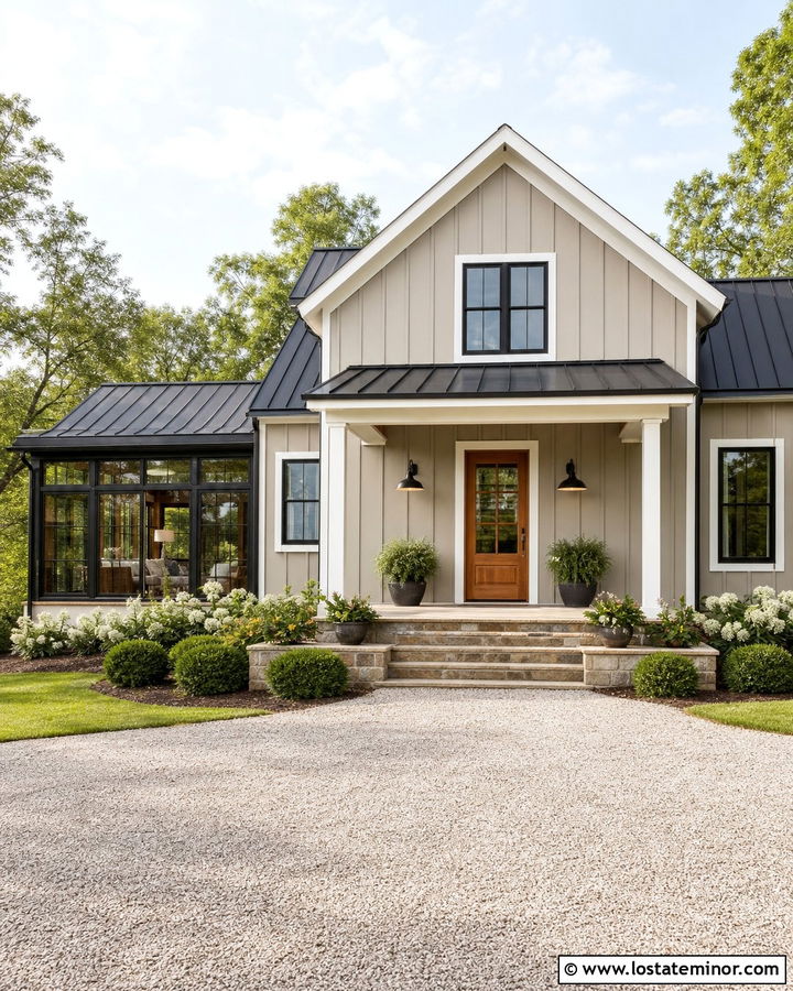 Beige Farmhouse With Black Framed Sunroom - 30 Beige House Design With Sunroom Ideas