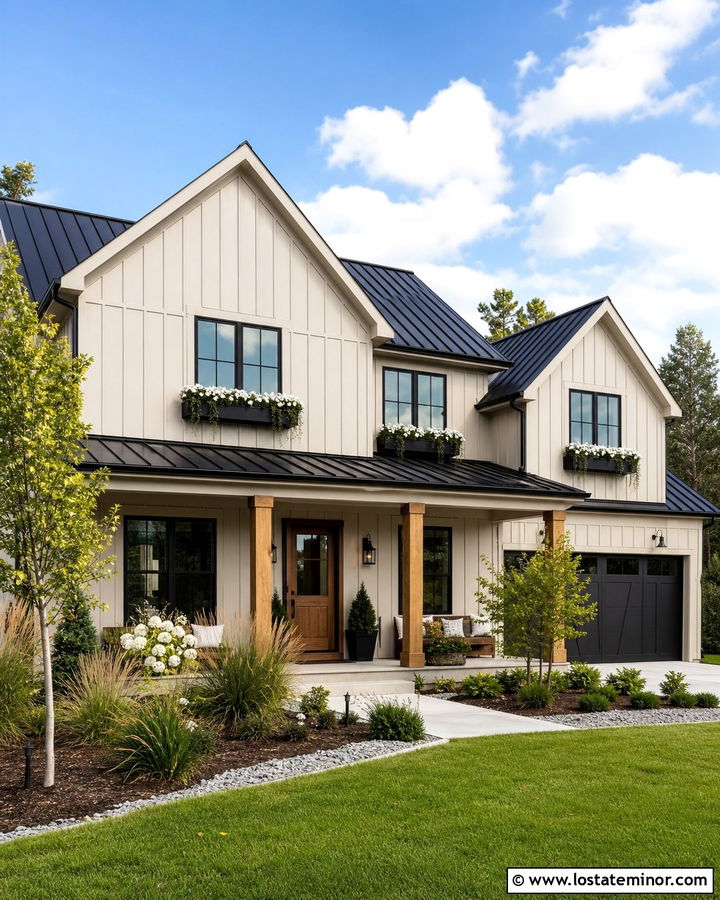 Beige Farmhouse With Black Window Boxes - 30 Beige House Design With Window Boxes Ideas