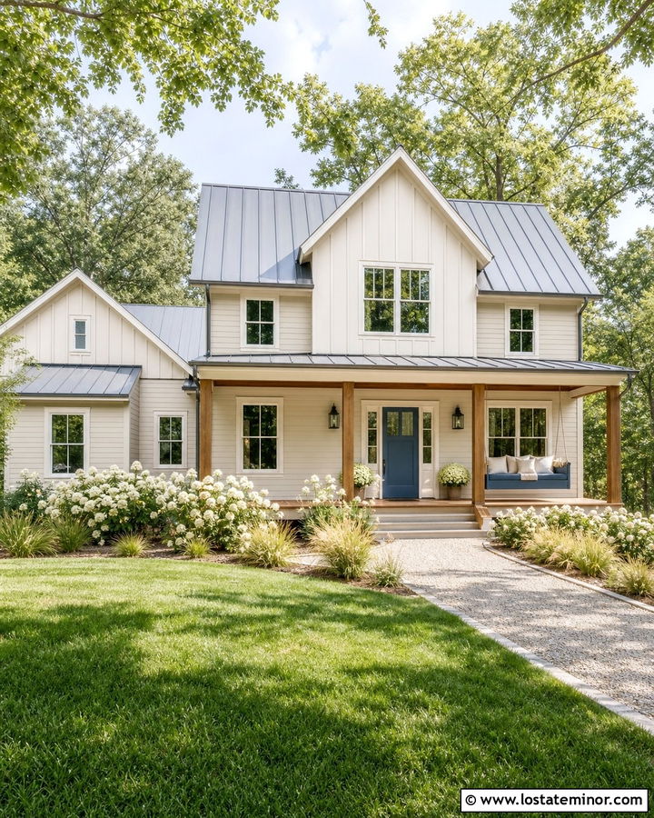 Beige Farmhouse With Blue Bed Swing - 30 Beige House Design With Swing Ideas