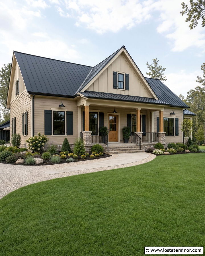 Beige Farmhouse With Board And Batten Shutters - 30 Beige House Design With Shutters Ideas