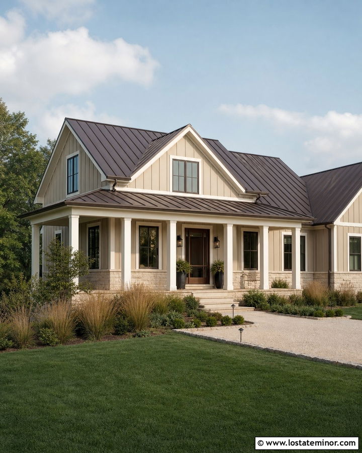 Beige Farmhouse With Bronze Screen Door - 30 Beige House Design With Screen Door Ideas