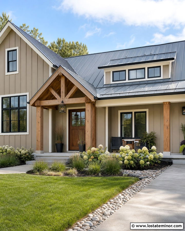 Beige Farmhouse With Cedar Portico - 30 Beige House Design With Portico Ideas