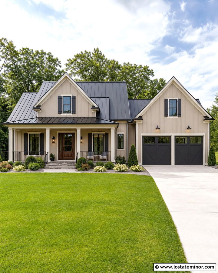 Beige Farmhouse With Charcoal Shutters - 30 Beige House Design With Shutters Ideas