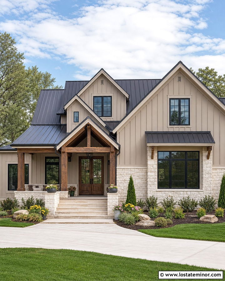 Beige Farmhouse With Cross Gables - 30 Beige House Design With Gables Ideas