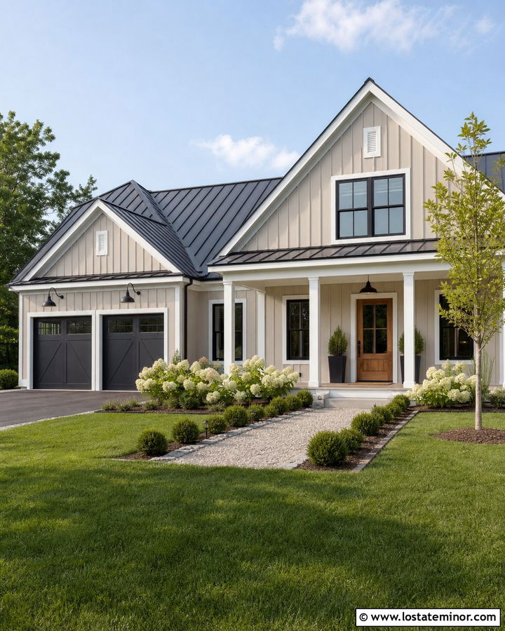 Beige Farmhouse With Gooseneck Lights - 30 Beige House Design With Lighting Ideas
