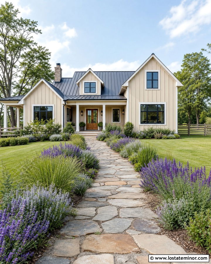 Beige Farmhouse With Lavender Landscaping - 30 Beige House Design With Landscaping Ideas