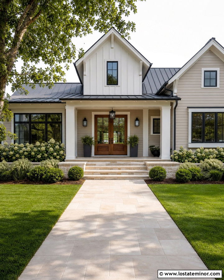 Beige Farmhouse With Limestone Walkway - 30 Beige House Design With Walkway Ideas