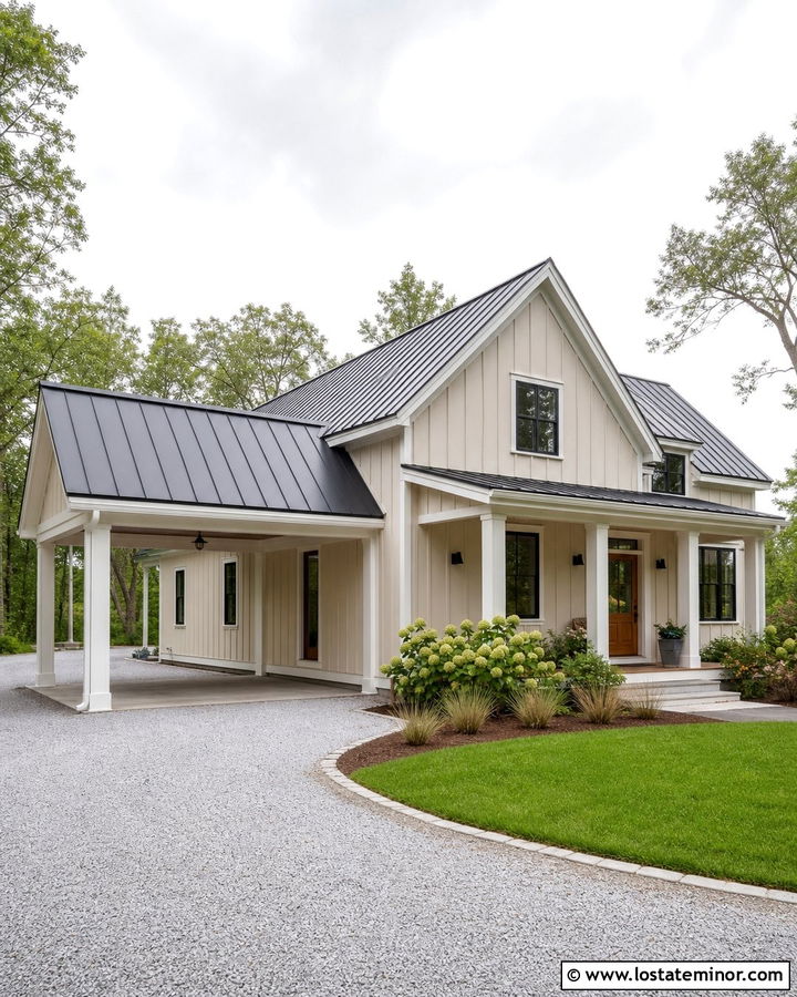 Beige Farmhouse With Metal Roof Carport - 30 Beige House Design With Carport Ideas