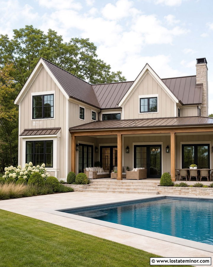 Beige Farmhouse With Pool And Covered Porch - 30 Beige House Design With Swimming Pool Ideas
