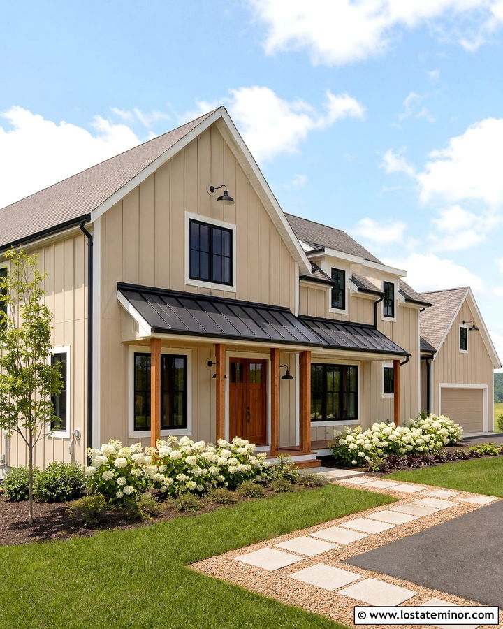 Beige Farmhouse With Standing Seam Awnings - 30 Beige House Design With Awning Ideas