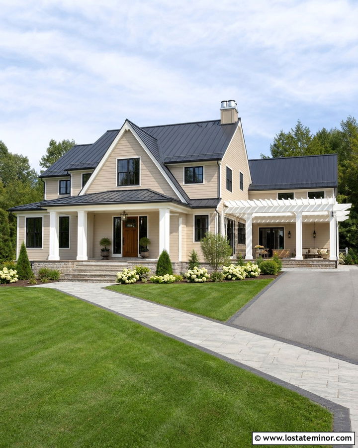 Beige Farmhouse With White Pergola - 30 Beige House Design With Pergola Ideas