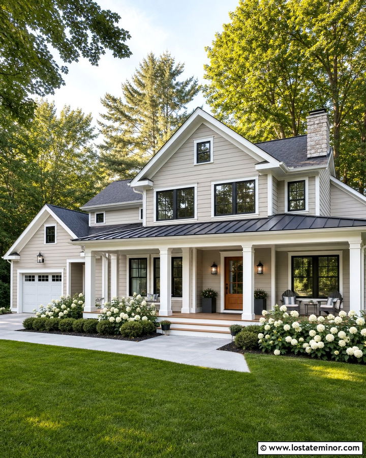 Beige Farmhouse With White Porch Columns - 30 Beige House Design With Porch Columns Ideas