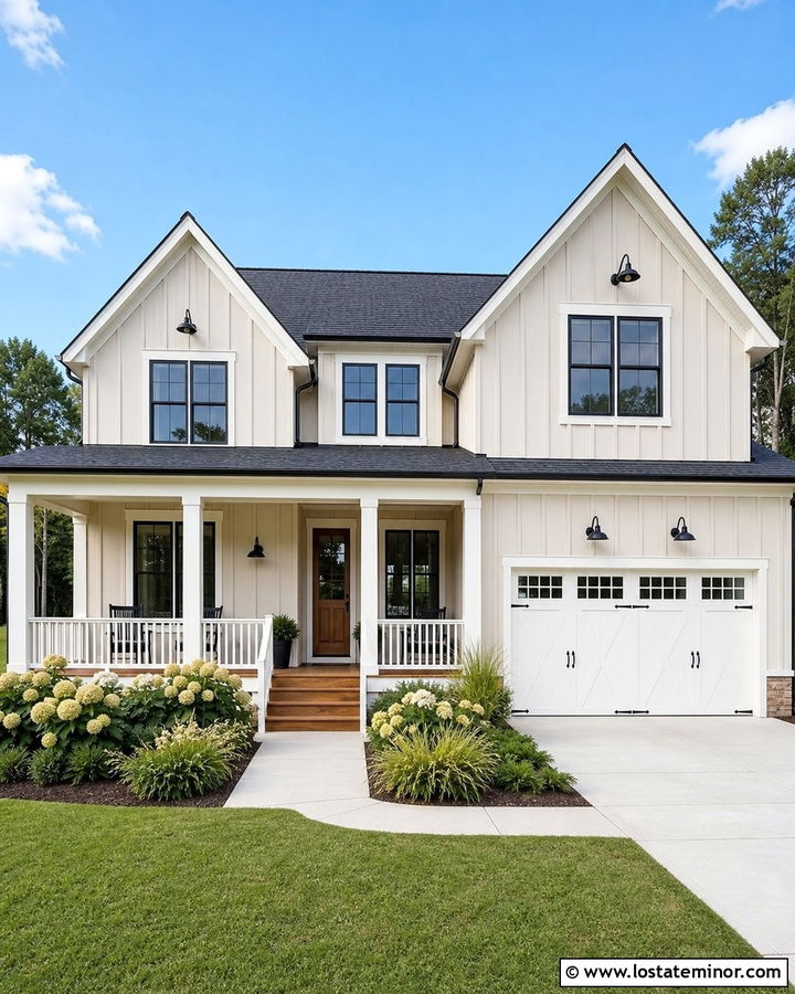 Beige Farmhouse With White Porch Railings - 30 Beige House Design With Railings Ideas