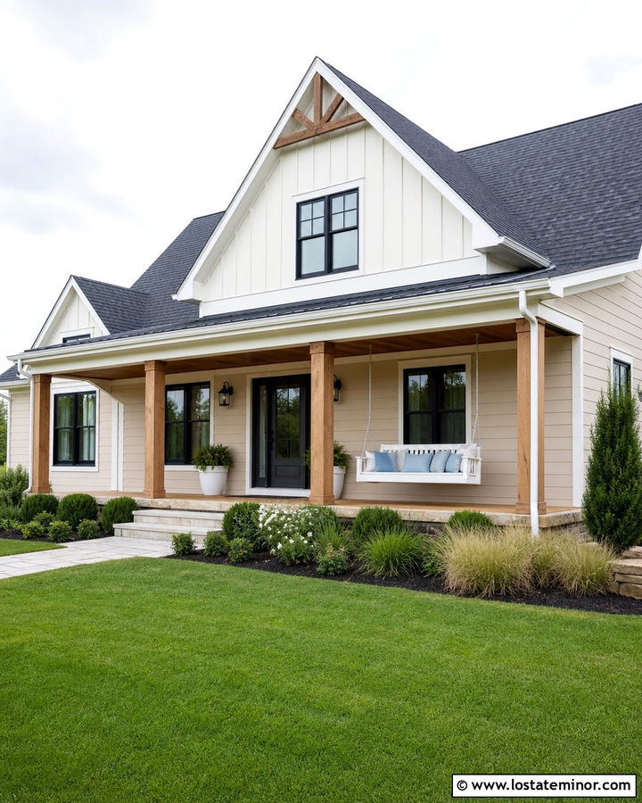 Beige Farmhouse With White Porch Swing - 30 Beige House Design With Swing Ideas