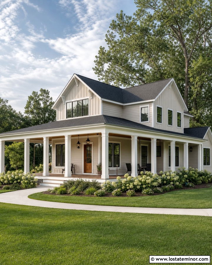 Beige Farmhouse With Wraparound Front Porch - 30 Beige House Design With Front Porch Ideas