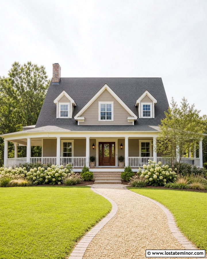 Beige Farmhouse With Wraparound Porch - 30 Beige House Design With Front Yard Ideas