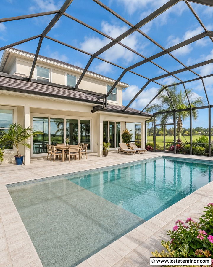 Beige Florida House With Screened Pool - 30 Beige House Design With Swimming Pool Ideas