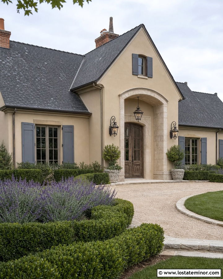 Beige French Country House With Aged Iron Lights - 30 Beige House Design With Lighting Ideas
