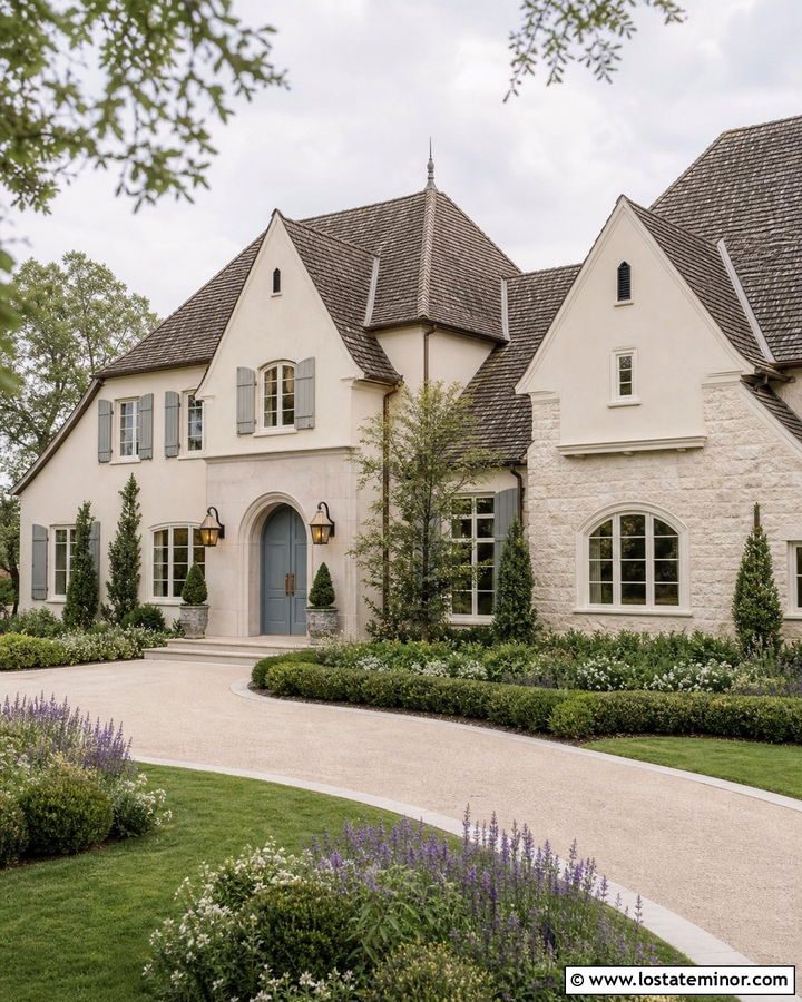 Beige French Country House With Antique Brass Lights - 30 Beige House Design With Light Fixtures Ideas