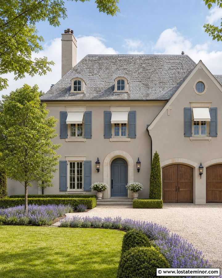Beige French Country House With Cream Awnings - 30 Beige House Design With Awning Ideas
