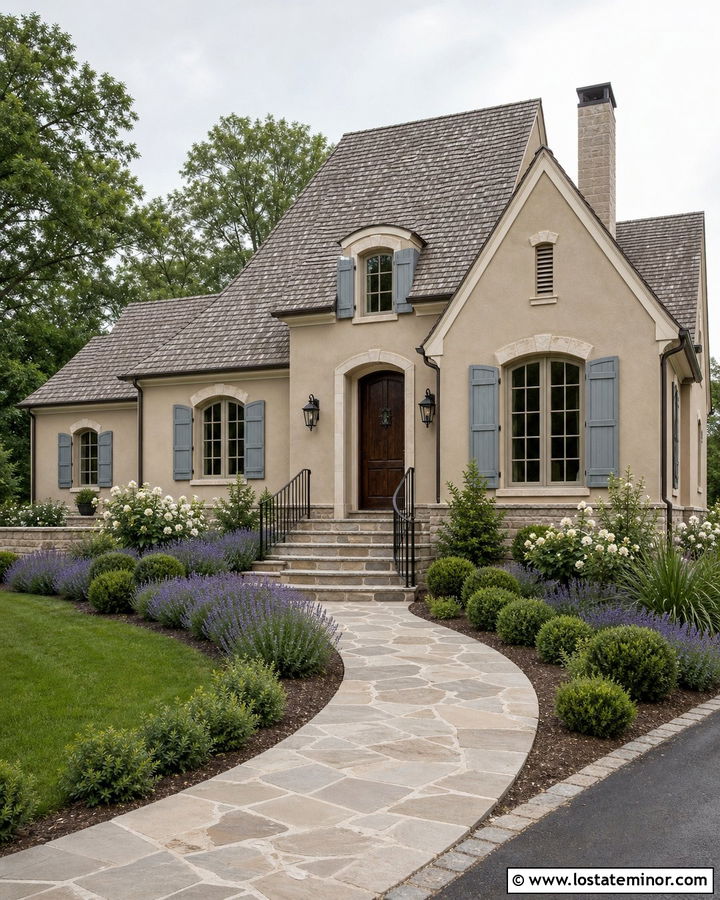 Beige French Country House With Flagstone Steps - 30 Beige House Design With Steps Ideas