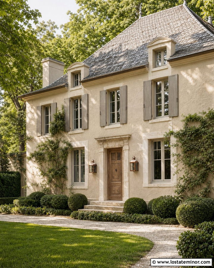 Beige French Country House With Gray Shutters - 30 Beige House Design With Shutters Ideas