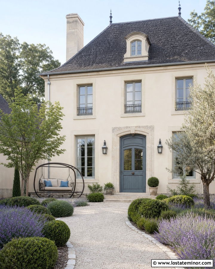 Beige French Country House With Iron Swing - 30 Beige House Design With Swing Ideas