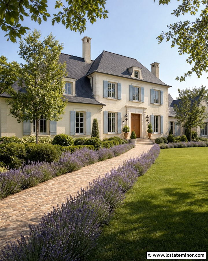 Beige French Country House With Lavender Border - 30 Beige House Design With Front Yard Ideas