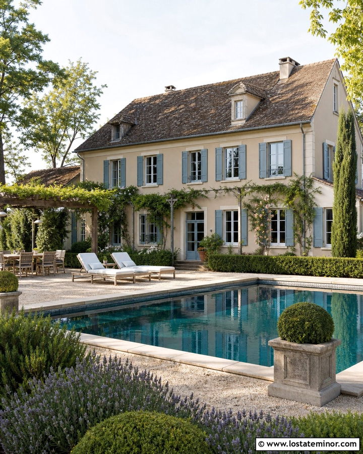 Beige French Country House With Pool Garden - 30 Beige House Design With Swimming Pool Ideas