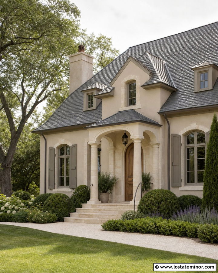 Beige French Country House With Stone Front Porch - 30 Beige House Design With Front Porch Ideas