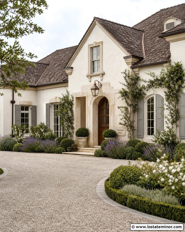 Beige French Country House With Stone Plaque - 30 Beige House Design With House Numbers Ideas